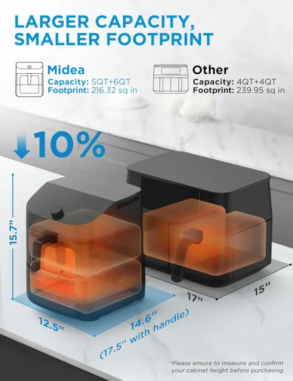 Midea Dual Basket Air Fryer Oven 11 Quart 8 in 1 Functions Clear Window Smart Sync Finish Works with Alexa Wi-Fi Connectivity - Image 6