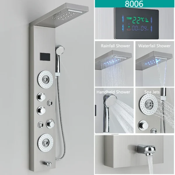 LED Light Bathroom Shower Faucet Set LED Rainfall Shower Panel System Bathtub Water Mixer Tap Massage SPA Temperature Screen - Image 9