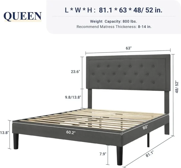 Queen Size Button Tufted Platform Bed Frame/Fabric Upholstered Bed Frame with Adjustable Headboard/Wood Slat Support/Mattress - Image 2