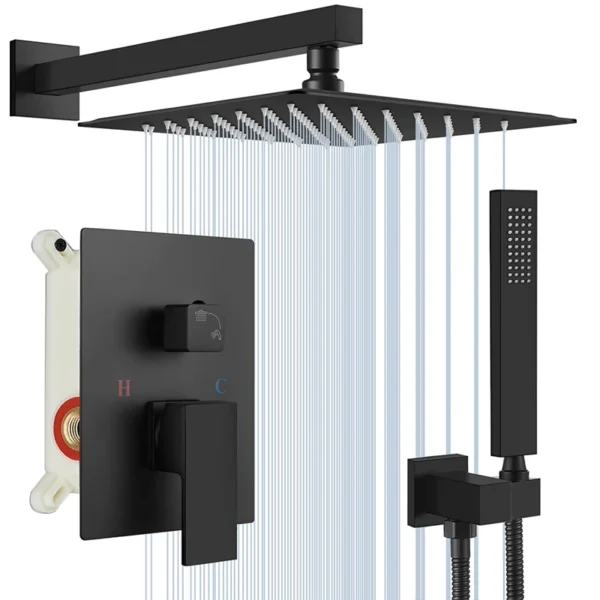 Black Concealed Shower System Rain Waterfall Bathroom Embedded Shower Faucet Set with Tub Spout