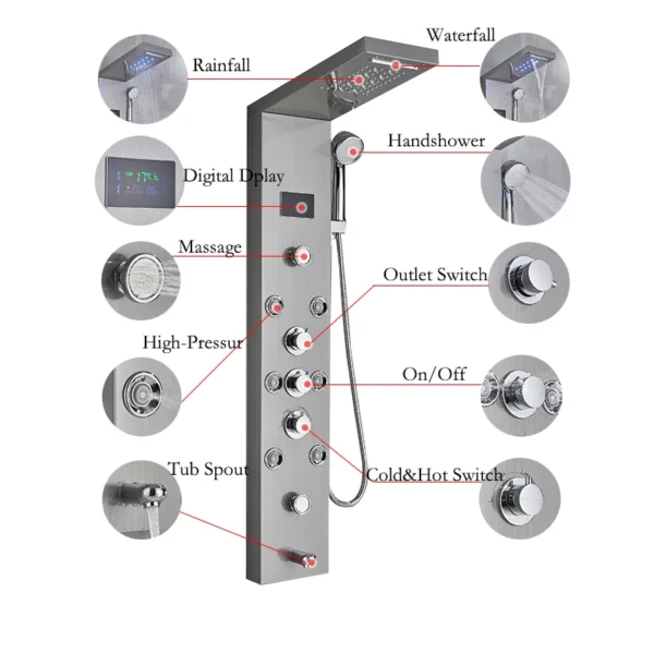 LED Light Bathroom Shower Faucet Set LED Rainfall Shower Panel System Bathtub Water Mixer Tap Massage SPA Temperature Screen - Image 5