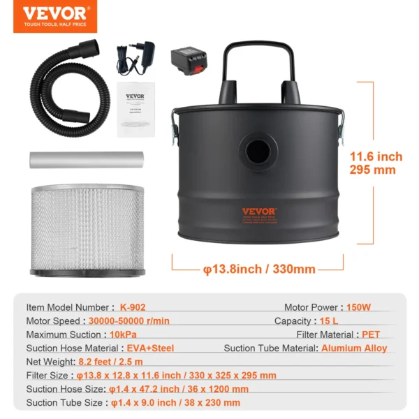 VEVOR Ash Vacuum Cleaner Powerful Suction Fireplace Vacuum with Reverse Suction Power Cable 10 Kpa Max. Vacuum for Fireplaces - Image 7