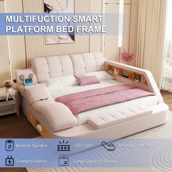 Luxury Smart King Bed Frame Multifunction Bed Frame Upholstered Platform with Massage Recliner Bluetooth Speaker King Bed Frames - Image 3