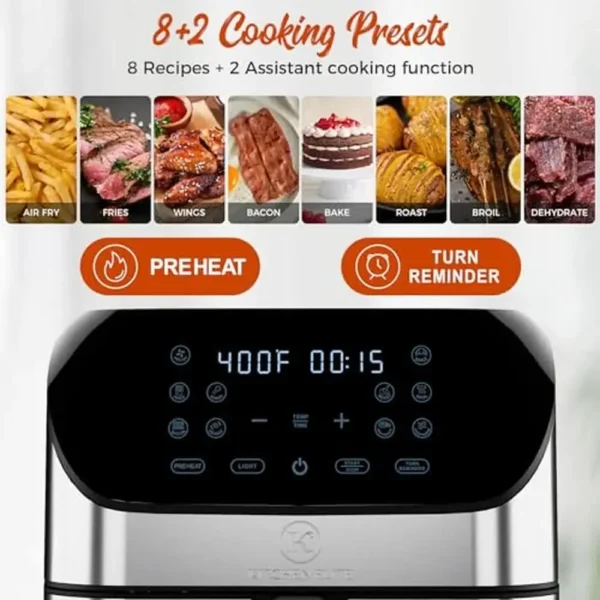 Air Fryer 8 Qt Large Size Clear Window 8 Presets 360° Turbo-Flow Tech Energy Saving Turn Reminder Preheat Light One-Touch Panel - Image 4