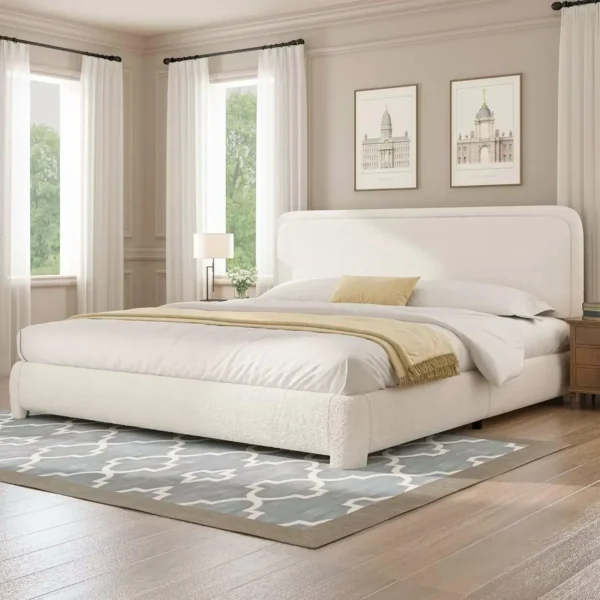 King Bed Frame and Headboard,Upholstered Platform Bed Frame,Modern Style,Soft Rounded Corners,No Box Spring Required