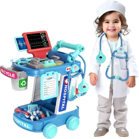 Doctor Cart Toy Pretend Play Medical Station Set with Mobile Cart Lights Stethoscope Doctor Role Play Toys for Kid Boys Girls 3+