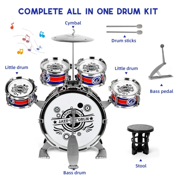Jazz Drum Set Mini Drum Toys 6 Drums with Stool Musical Instruments Toy Birthday Gift no with LED Light for Beginners Boys Girls