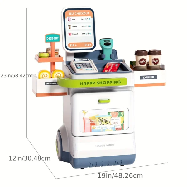 48-Piece Pretend Play Cash Register Toy with Calculator, Shopping Bag, Scanners, Grocery Game Food Set, and Mobile Cart Kid Gift