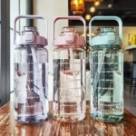 2L Portable Water Bottle with Straw & Time Marker, Large Capacity Plastic Drink Bottle for Outdoor Sports & Fitness
