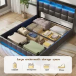 Bed Frame Twin Size with Lift Up Storage, Charging Station & LED Lights, Upholstered Storage Headboard, Heavy Duty Wooden Slats