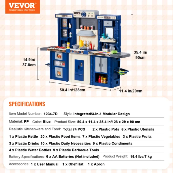 VEVOR Kitchen Cooking Toys for Kids 74 PCS  Chef Playset with Sounds & Lights Ages 3+ Children's Play House Toddlers Kitchenware