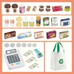 48-Piece Pretend Play Cash Register Toy with Calculator, Shopping Bag, Scanners, Grocery Game Food Set, and Mobile Cart Kid Gift