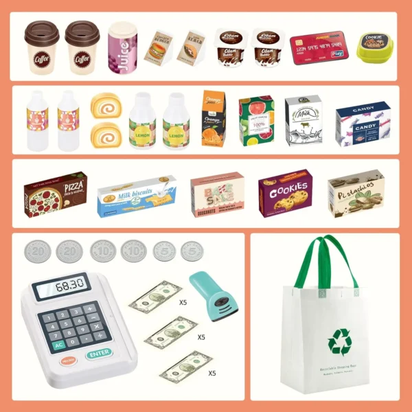 48-Piece Pretend Play Cash Register Toy with Calculator, Shopping Bag, Scanners, Grocery Game Food Set, and Mobile Cart Kid Gift