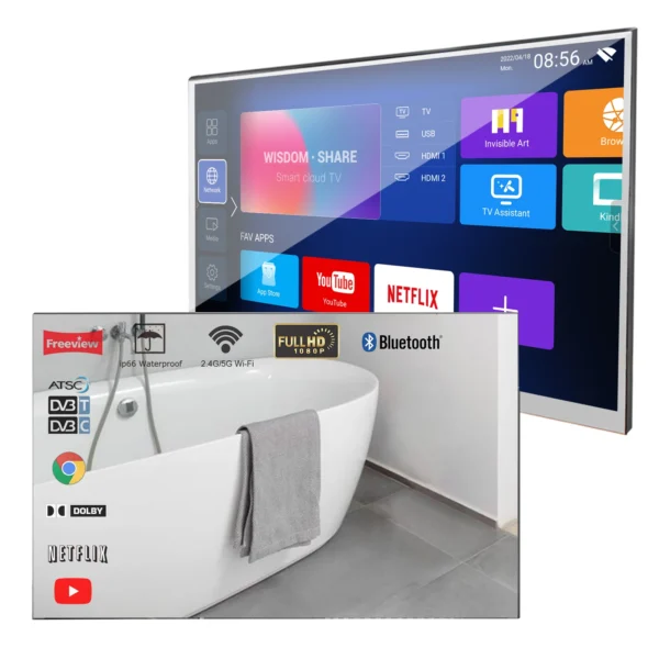 Souria 22 inch Smart Mirror LED Bathroom TV IP66 Waterproof Shower Integrated WiFi DVB ATSC Tuner Television Android SPA Hotel