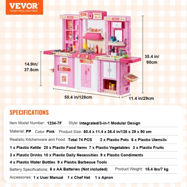 VEVOR Kitchen Cooking Toys for Kids 74 PCS  Chef Playset with Sounds & Lights Ages 3+ Children's Play House Toddlers Kitchenware