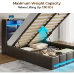 Bed Frame Twin Size with Lift Up Storage, Charging Station & LED Lights, Upholstered Storage Headboard, Heavy Duty Wooden Slats
