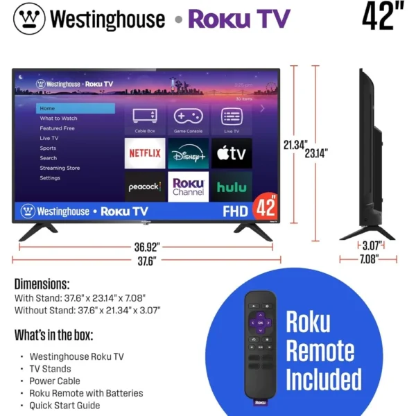 42 Inch Smart Television, 1080P LED Full HD with Wi-Fi Connectivity and Mobile App, Flat Screen Compatible with Apple Home Kit