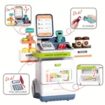 48-Piece Pretend Play Cash Register Toy with Calculator, Shopping Bag, Scanners, Grocery Game Food Set, and Mobile Cart Kid Gift