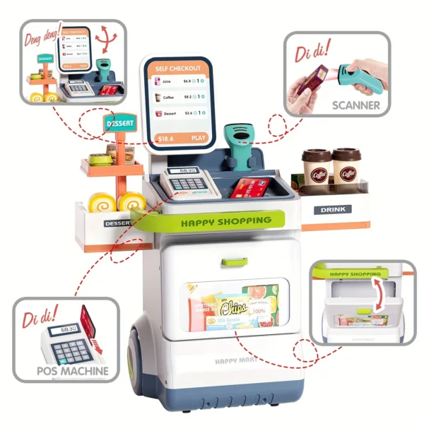 48-Piece Pretend Play Cash Register Toy with Calculator, Shopping Bag, Scanners, Grocery Game Food Set, and Mobile Cart Kid Gift