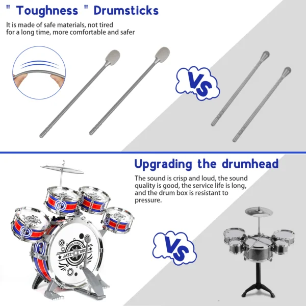 Jazz Drum Set Mini Drum Toys 6 Drums with Stool Musical Instruments Toy Birthday Gift no with LED Light for Beginners Boys Girls