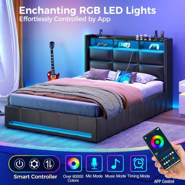 Bed Frame Twin Size with Lift Up Storage, Charging Station & LED Lights, Upholstered Storage Headboard, Heavy Duty Wooden Slats