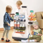 48-Piece Pretend Play Cash Register Toy with Calculator, Shopping Bag, Scanners, Grocery Game Food Set, and Mobile Cart Kid Gift
