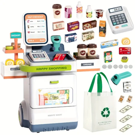 48-Piece Pretend Play Cash Register Toy with Calculator, Shopping Bag, Scanners, Grocery Game Food Set, and Mobile Cart Kid Gift