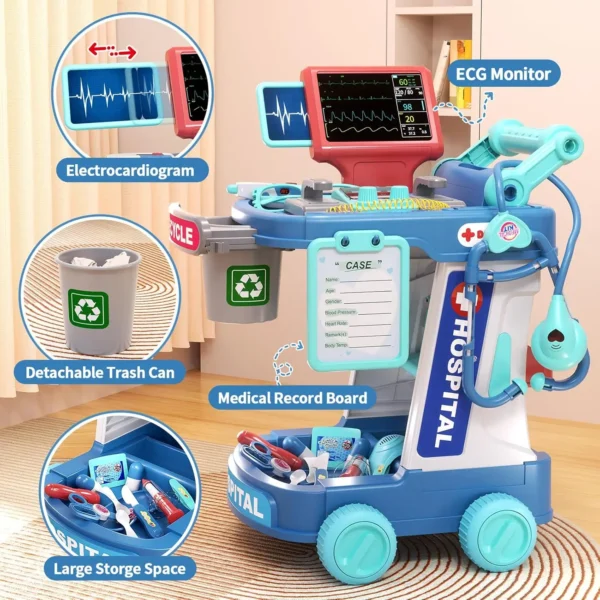 Doctor Cart Toy Pretend Play Medical Station Set with Mobile Cart Lights Stethoscope Doctor Role Play Toys for Kid Boys Girls 3+