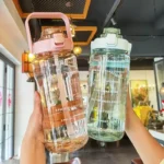 2L Portable Water Bottle with Straw & Time Marker, Large Capacity Plastic Drink Bottle for Outdoor Sports & Fitness
